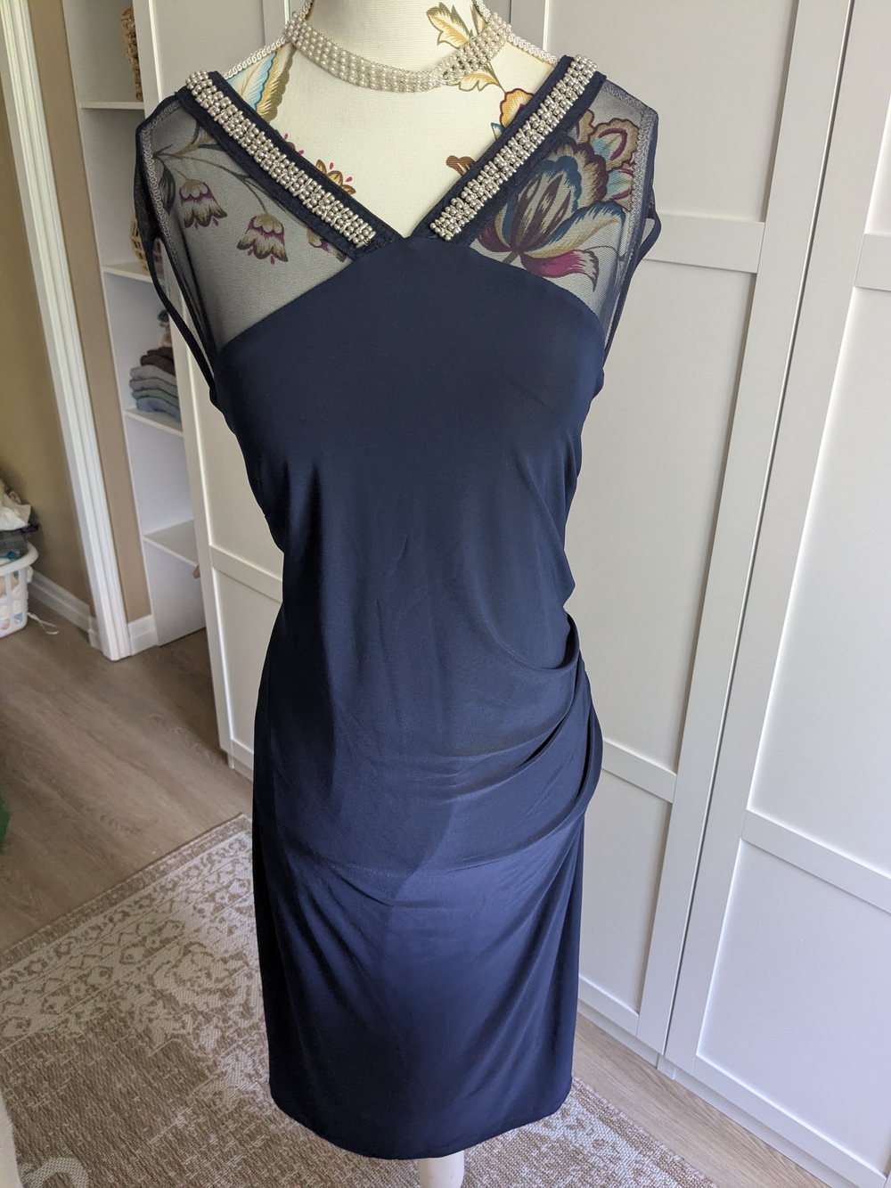 cleo Navy Midi Dress with Embellished Sheer V-Neck